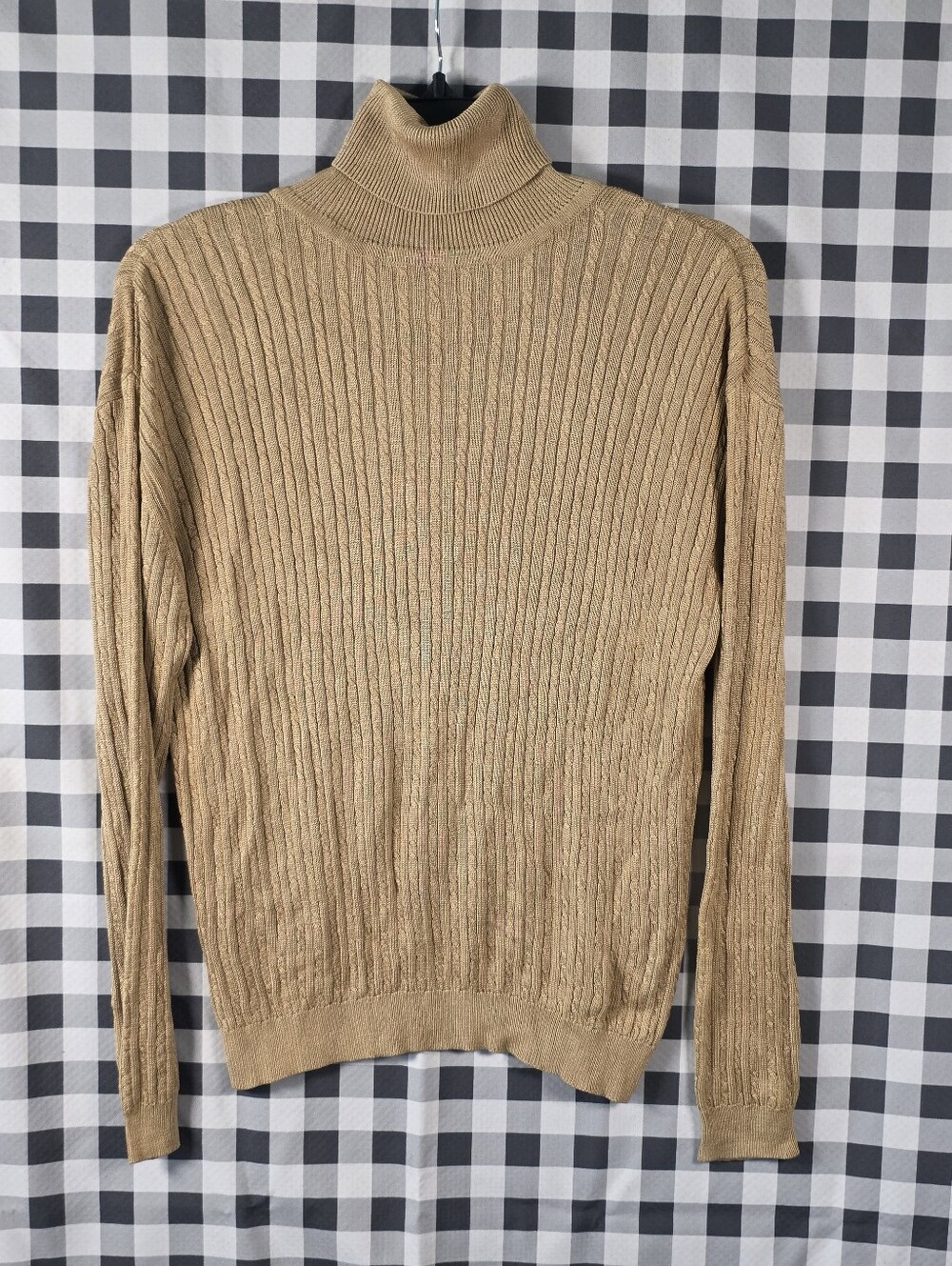 Barry Bricken Women’s XS 100% Silk Cable Knit Turtleneck Sweater Tan Beige Cozy